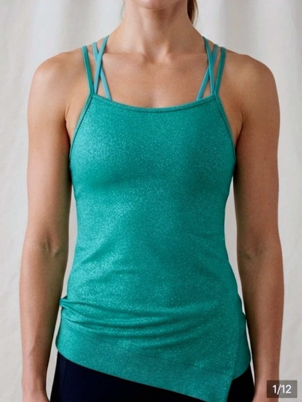 Lolë Emerald Green Glitter Strappy Tank Top Asymmetrical Hem XS